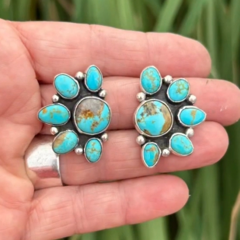 Turquiose Half Cluster Sterling Silver Earrings 300$
